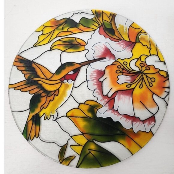 Stained Glass Hummingbird & Flowers Round Display Plate Decorative Yellow Green - Picture 1 of 5